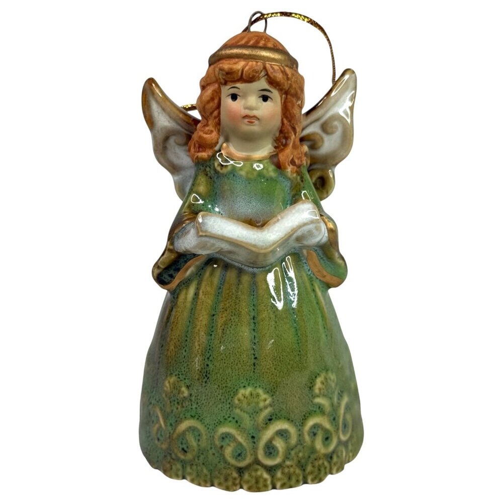 Ceramic‎ Angel Bell figurine Christmas Ornament Green Dress Gold Accents VTG